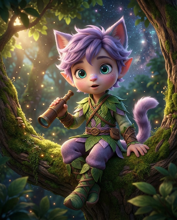 Curious Elfcat Ori with purple-lilac hair looking through a telescope from a tree branch in the Kittelfdora galaxy
