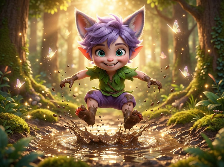 Adventurous Elfcat Ori with teal eyes jumping over a mud puddle in the Kittelfdora forest, Pixar-style 3D render