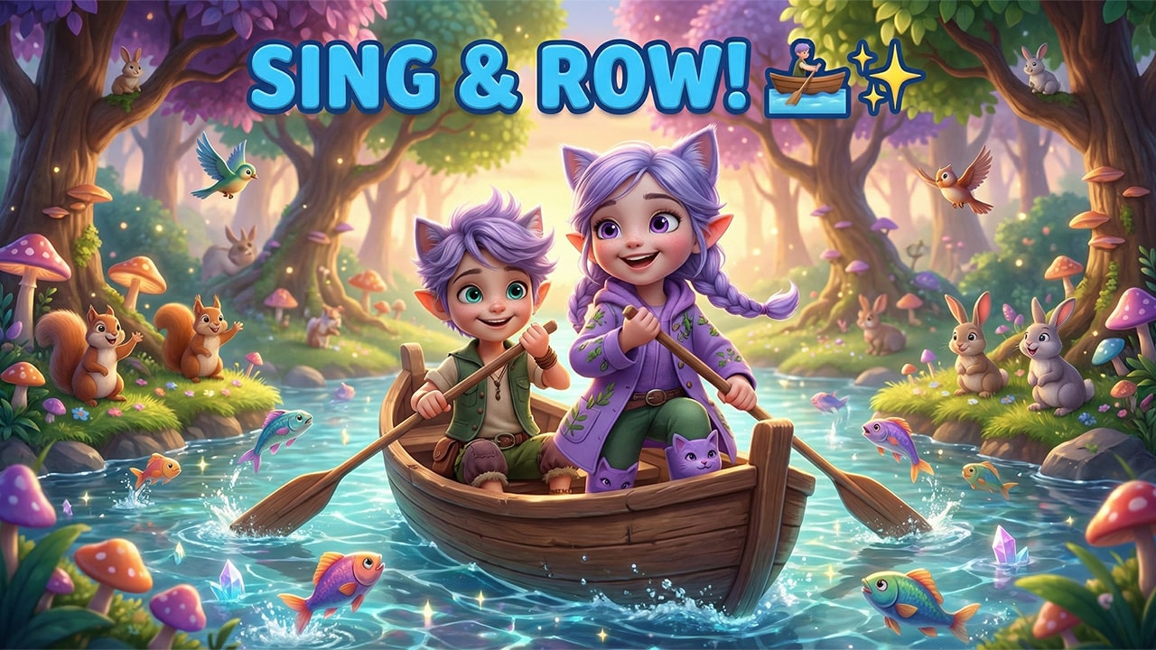 Miri and Ori rowing a magical boat on a sparkling river - Row Row Row Your Boat nursery rhyme thumbnail