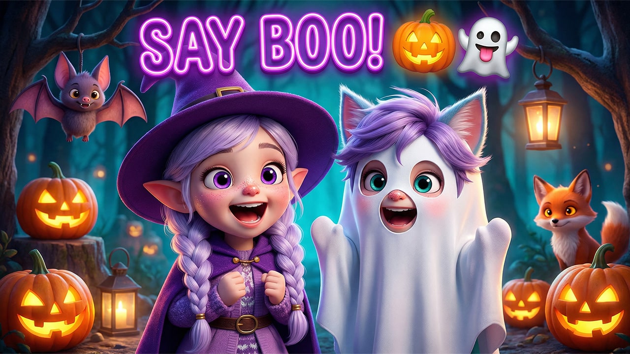 Miri dressed as a cute witch and Ori dressed as a ghost - If You are Spooky and You Know It Halloween dance