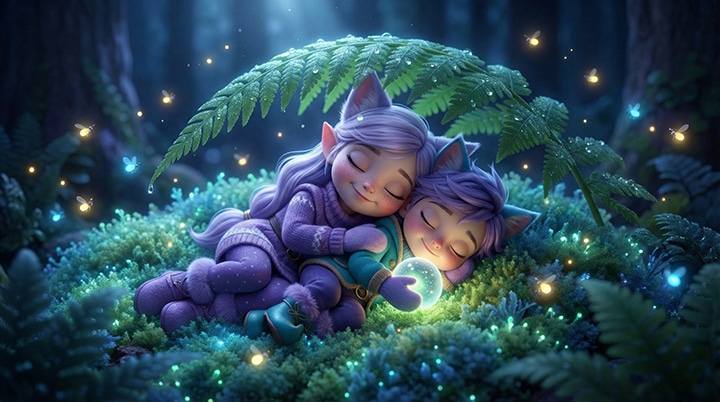 Kittelfdora Kids characters Miri and Ori sleeping peacefully under a fern leaf in a magical forest, holding a glowing light orb, representing soothing baby lullabies and bedtime music.