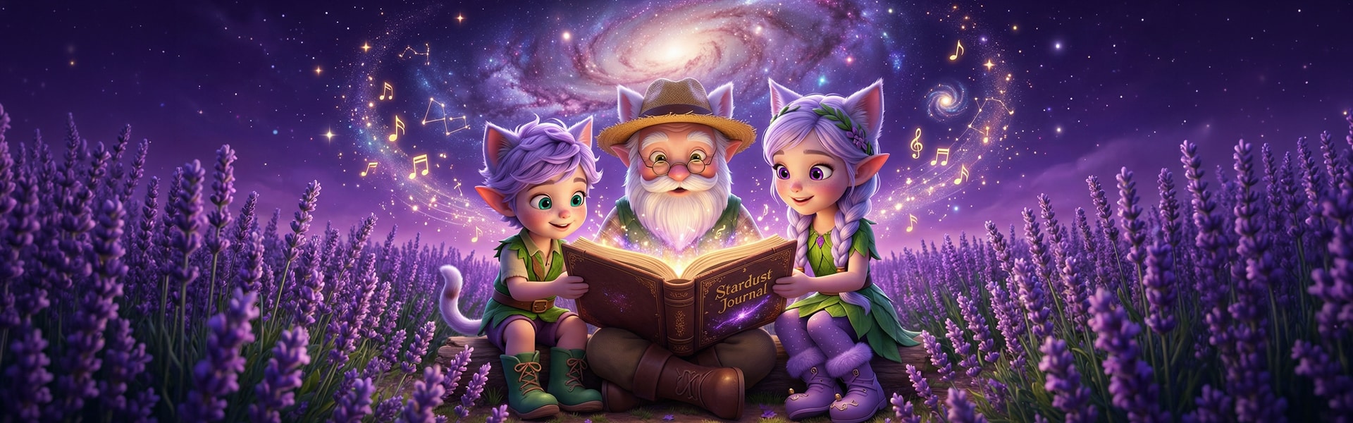 Grandpa Barnaby reads the glowing Stardust Journal to Miri and Ori