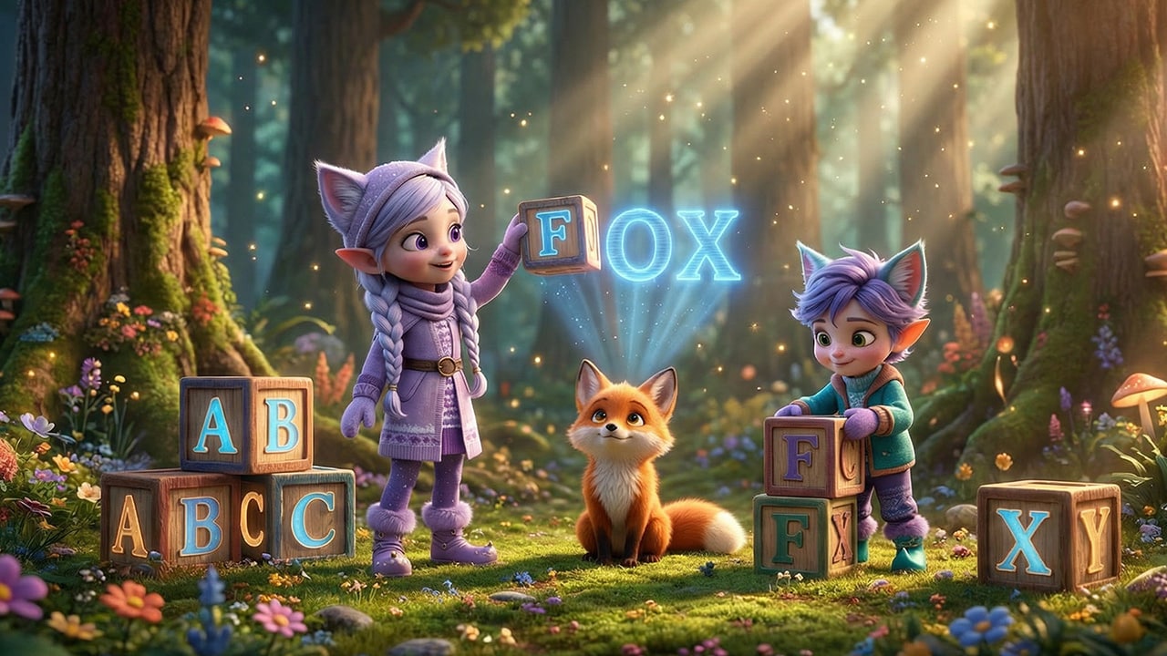 Elfcat siblings Miri and Ori playing a spelling game in the magical Kittelfdora forest