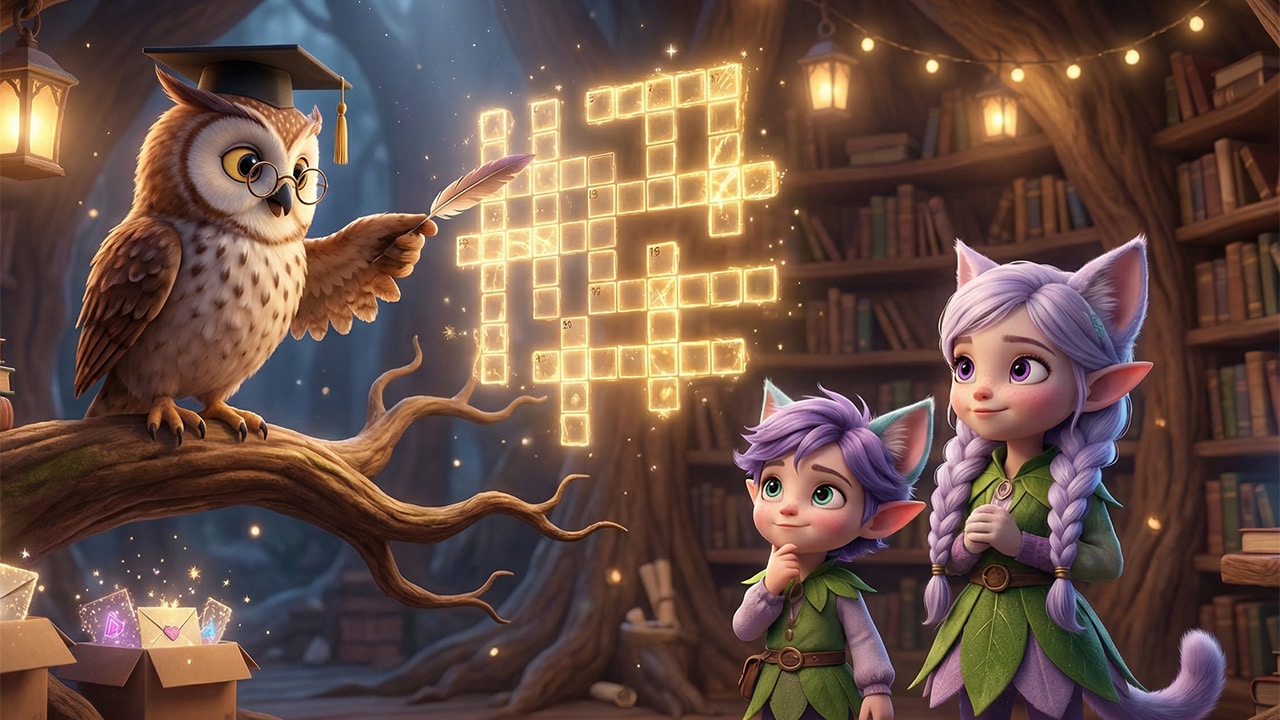 Miri and Ori solving a crossword puzzle with a wise owl in the Kittelfdora library