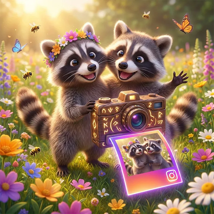 Two cheerful raccoons in a flower meadow holding a camera and the photo they just took, with an Instagram mark