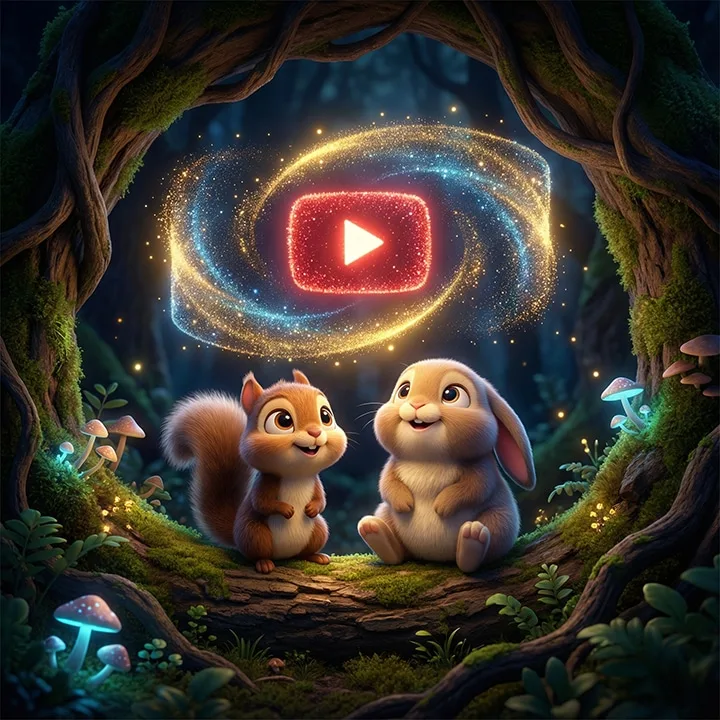 A little squirrel and a bunny sitting in a glowing forest hollow with a shining YouTube mark above them