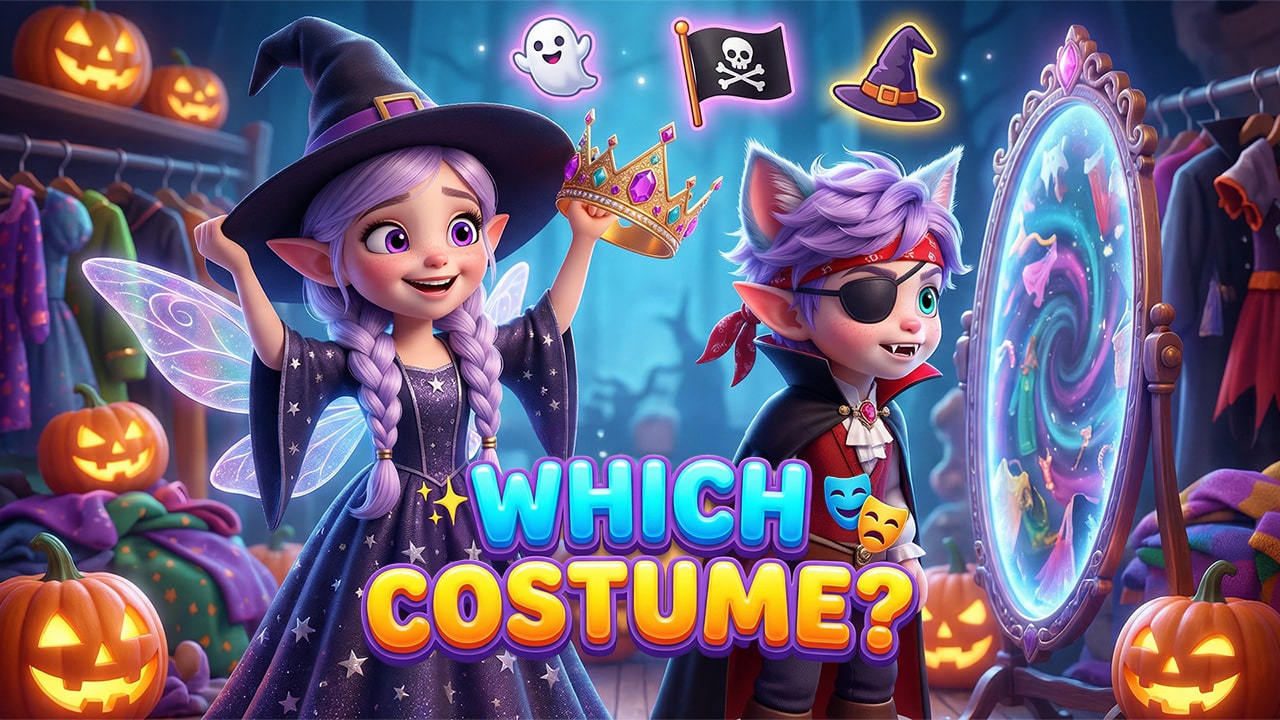 Miri and Ori, the elfcat siblings, trying on Halloween Costumes