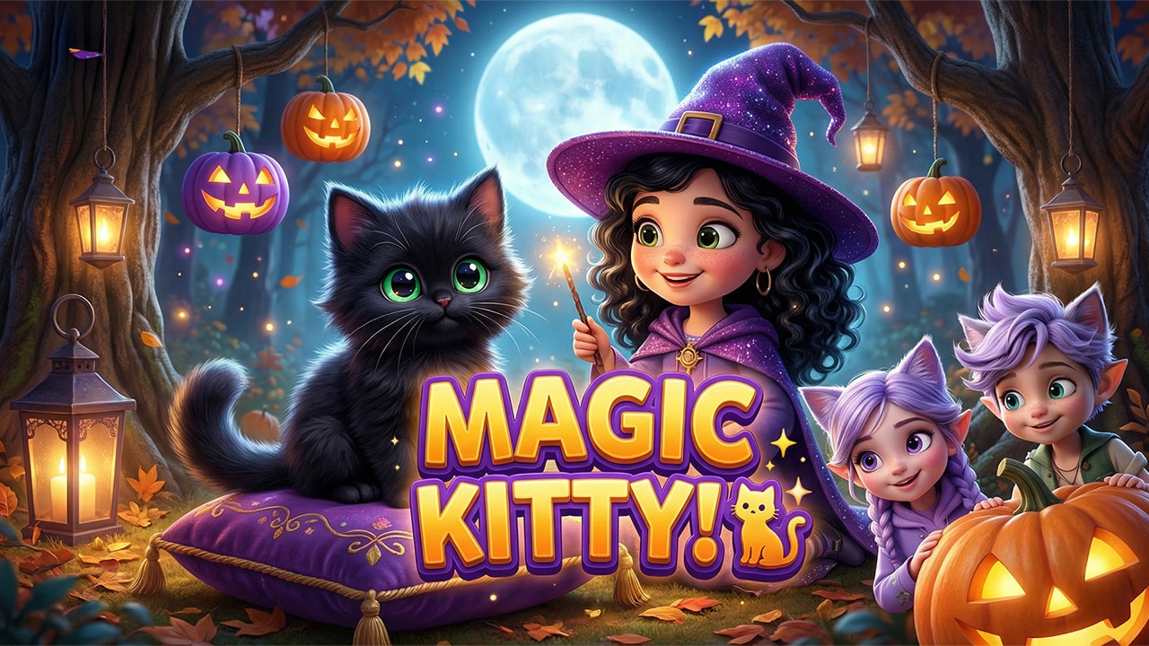 Cute witch with her adorable black kitten - Witchy Has a Little Cat Halloween nursery rhyme for kids