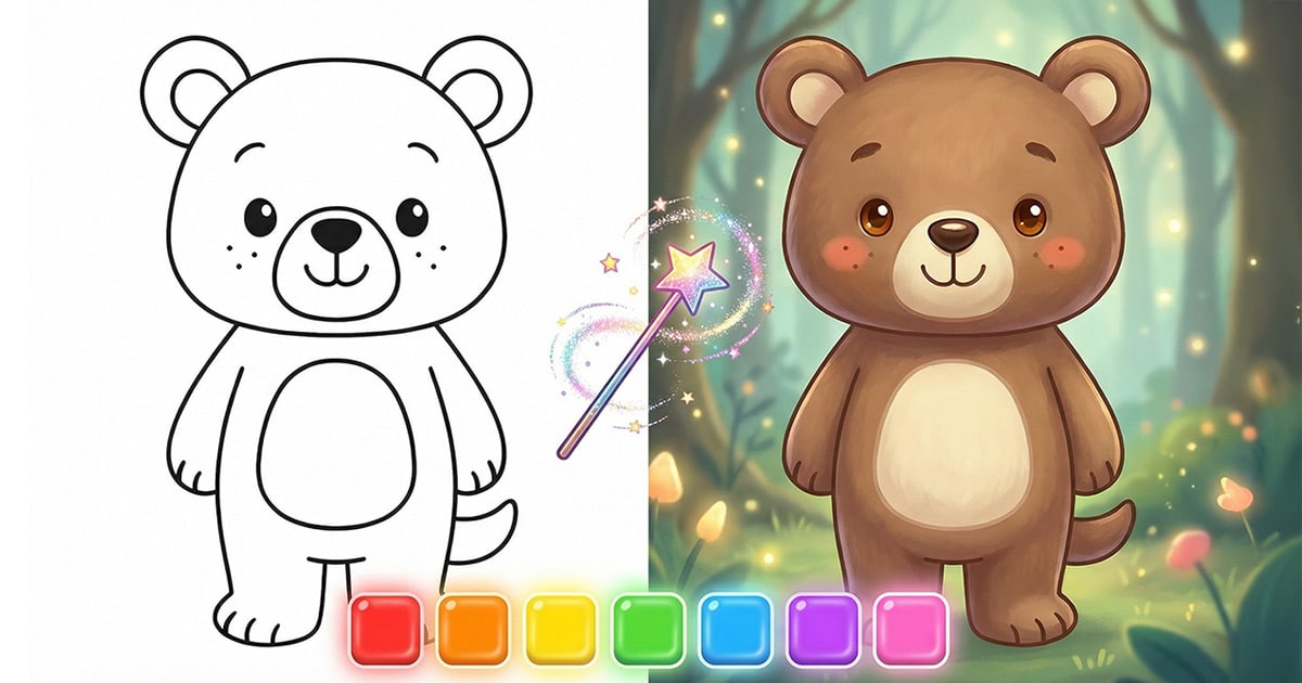 A cute baby bear standing, digital interactive coloring page for preschoolers by Kittelfdora Kids.