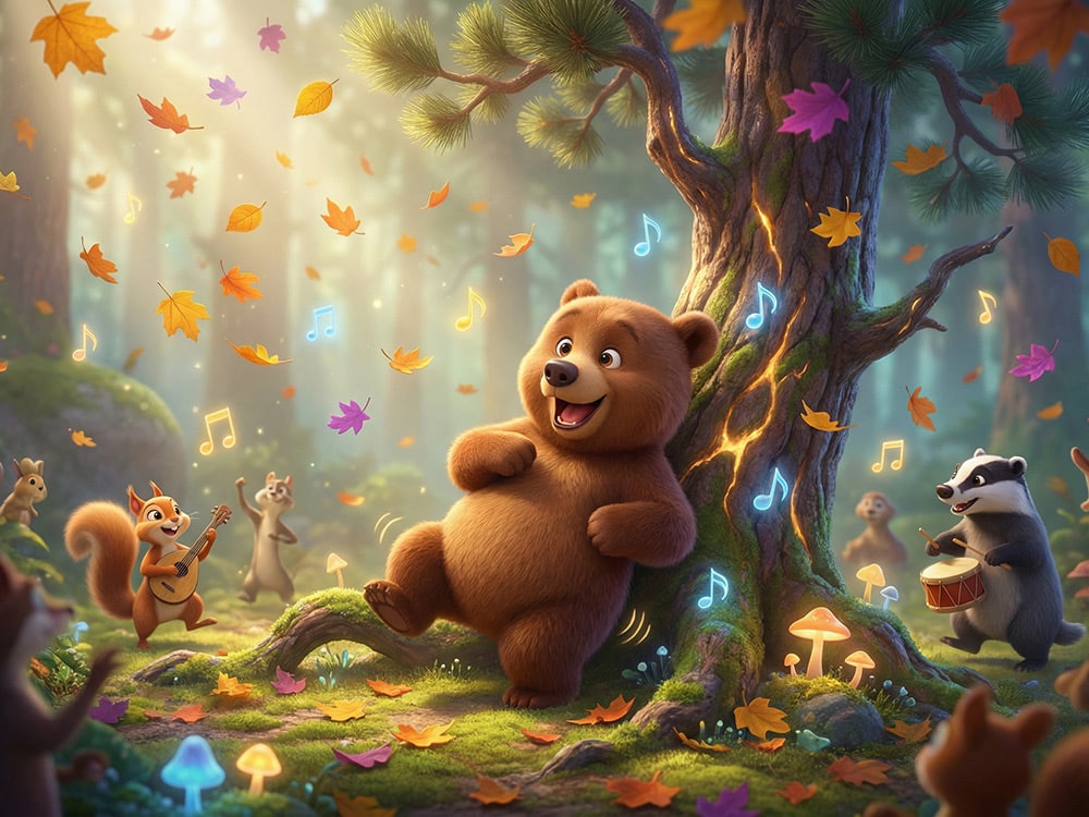 A joyful baby bear dancing and scratching its back against a tree in the Forest of Odora, illustrating a fun fact about bear behavior for kids.