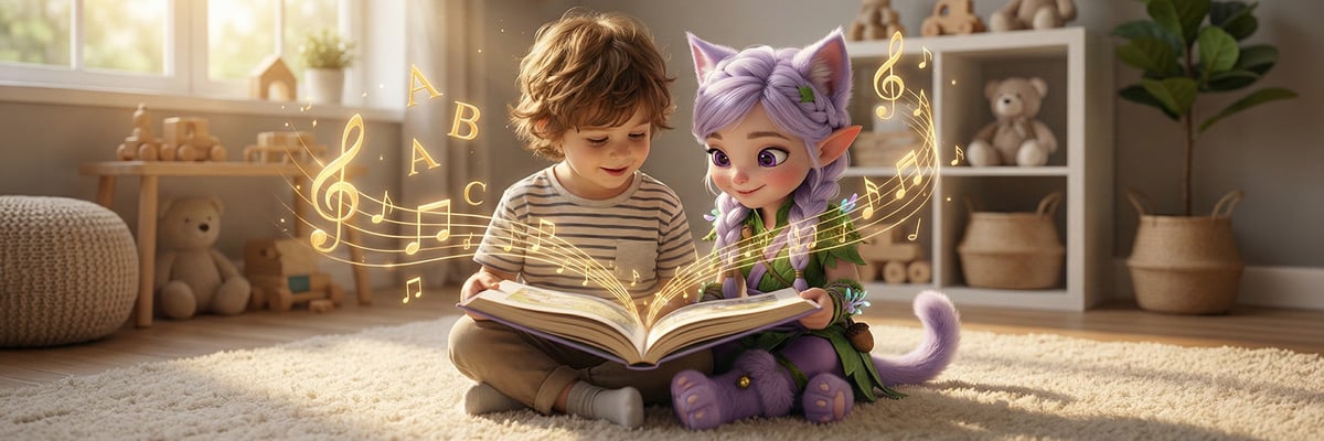 A child and Miri the Elfcat from Kittelfdora Kids learning to read through music in a cozy bedroom setting, symbolizing the connection between songs and early literacy.