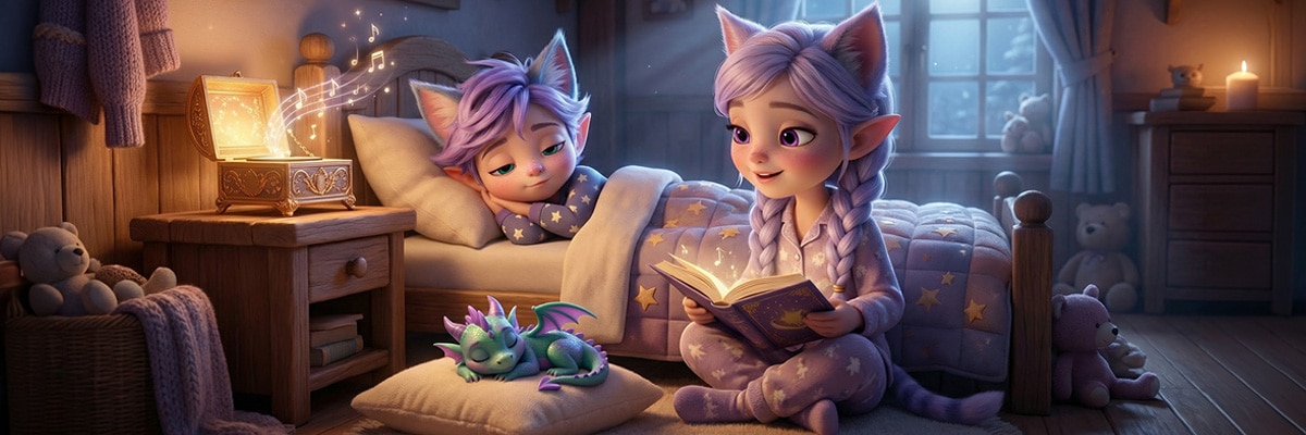 Miri the Elfcat reading a bedtime story to Ori in a cozy room with a music box and a sleeping baby dragon.