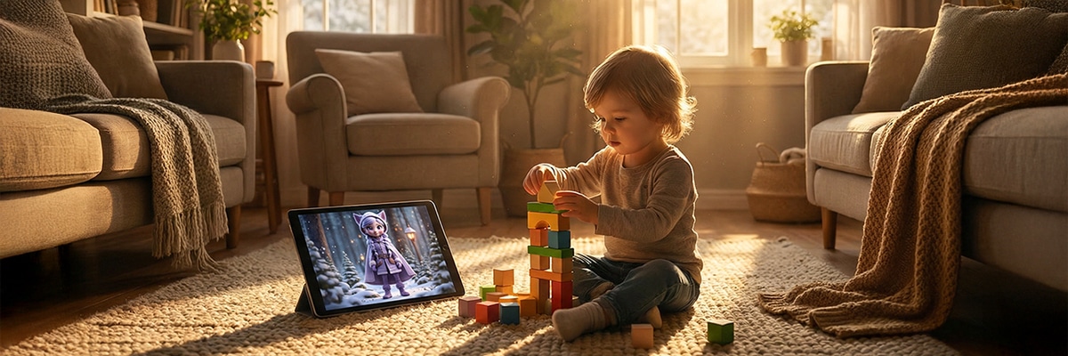 A child playing peacefully with wooden blocks next to a screen displaying Kittelfdora Kids’ slow-paced educational content, illustrating healthy screen time habits.