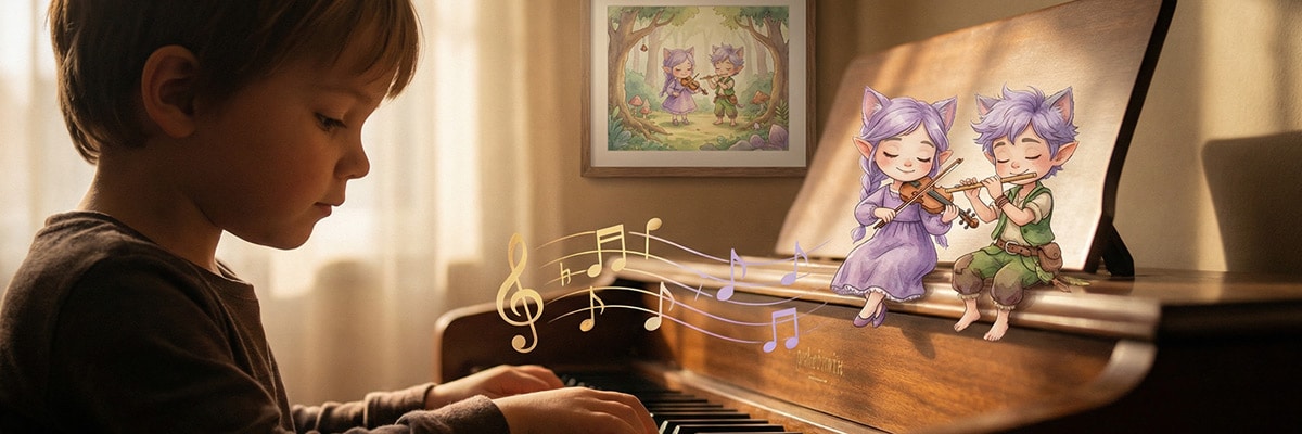 Child playing piano with Miri and Ori elfcat characters, classical music education, gentle learning approach