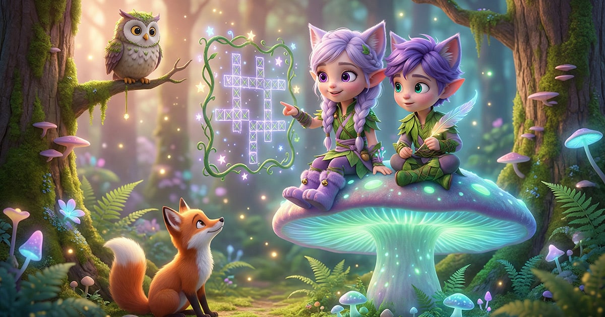 Miri and Ori solving a magical forest animal crossword in Kittelfdora