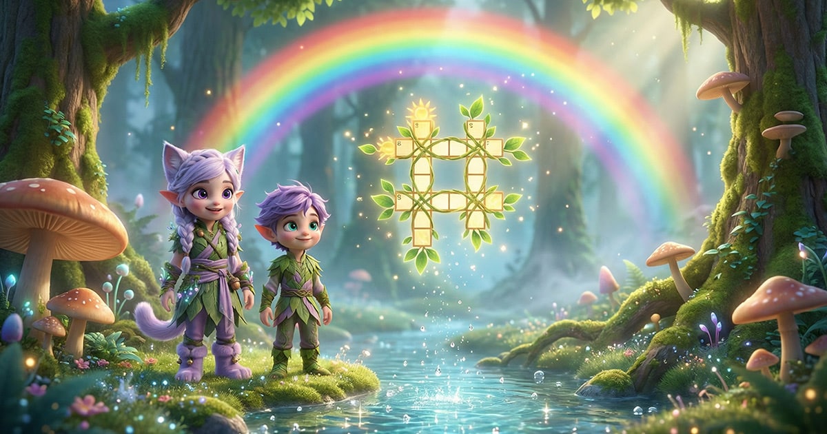 Miri and Ori solving a nature and forest crossword puzzle near a magical stream in Kittelfdora.
