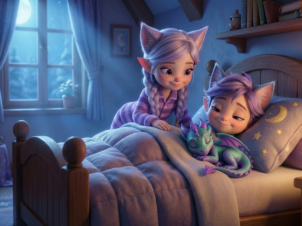 Miri the Elfcat and Ori in a cozy room with a music box and a sleeping baby dragon.