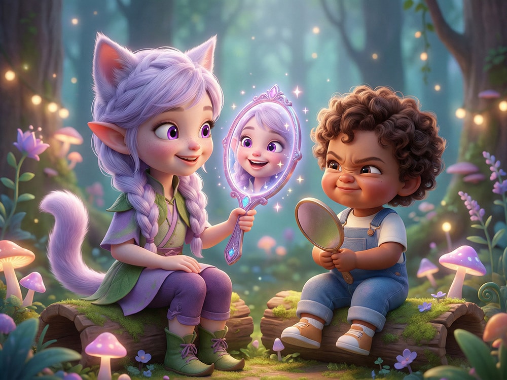 Miri the Elfcat and a little curly-haired child sit on mossy logs among glowing mushrooms in a forest, each holding a hand mirror. Only Miri's mirror glows, showing her smiling face, and the child makes a scrunched-up face with lowered brows.
