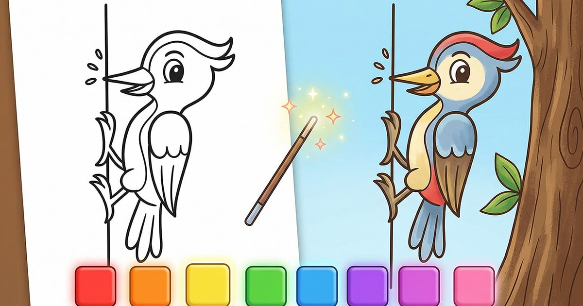 Cute cartoon woodpecker perching on a tree branch, digital coloring page for kids by Kittelfdora Kids.