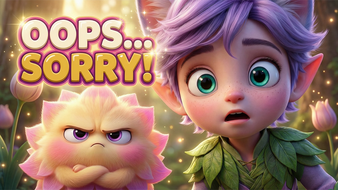 Animated elf and a grumpy pink creature in a forest with the text "OOPS... SORRY!"