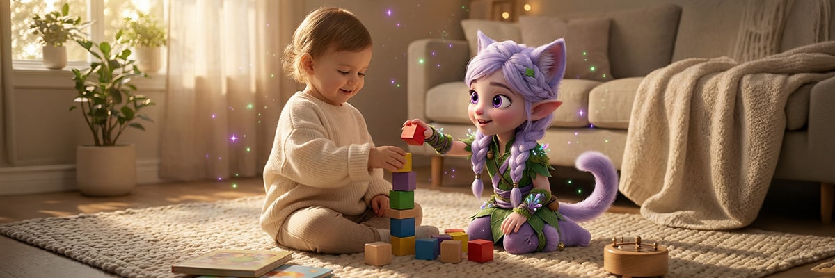 A toddler and a gentle animated elfcat character playing together with wooden blocks in a warm, cozy living room filled with soft golden light, picture books and a music box nearby, representing slow, screen-free play and mindful childhood moments