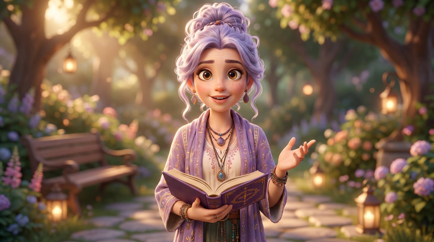 Aunt Tilda in a lantern lit garden at dusk, an open storybook in her hands, mid sentence
