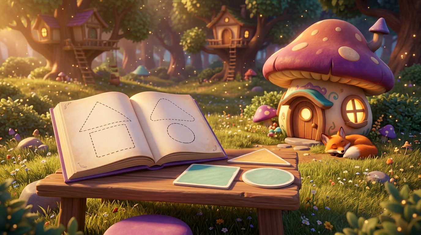 An open book on a table in a sunny meadow, dotted shape outlines on both pages, a loose triangle, square and circle lying beside it, and a fox asleep by a mushroom house