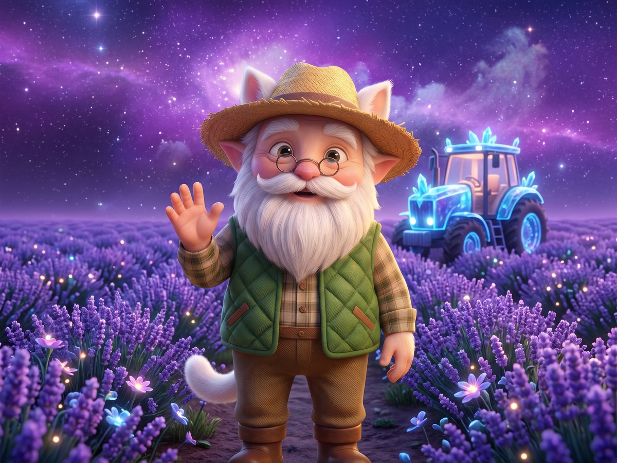Grandpa Barnaby in his straw hat on the cosmic farm beside his blue crystal tractor