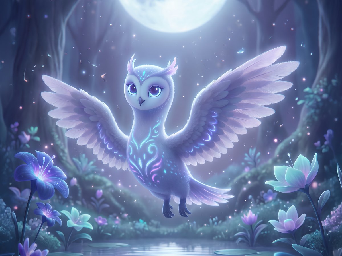 Luma, the keeper of quiet, standing softly in a moonlit clearing