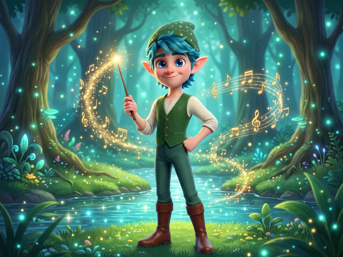 Melo, the elf music teacher of Kittelfdora, with cyan hair, a starry green beret and softly glowing ears