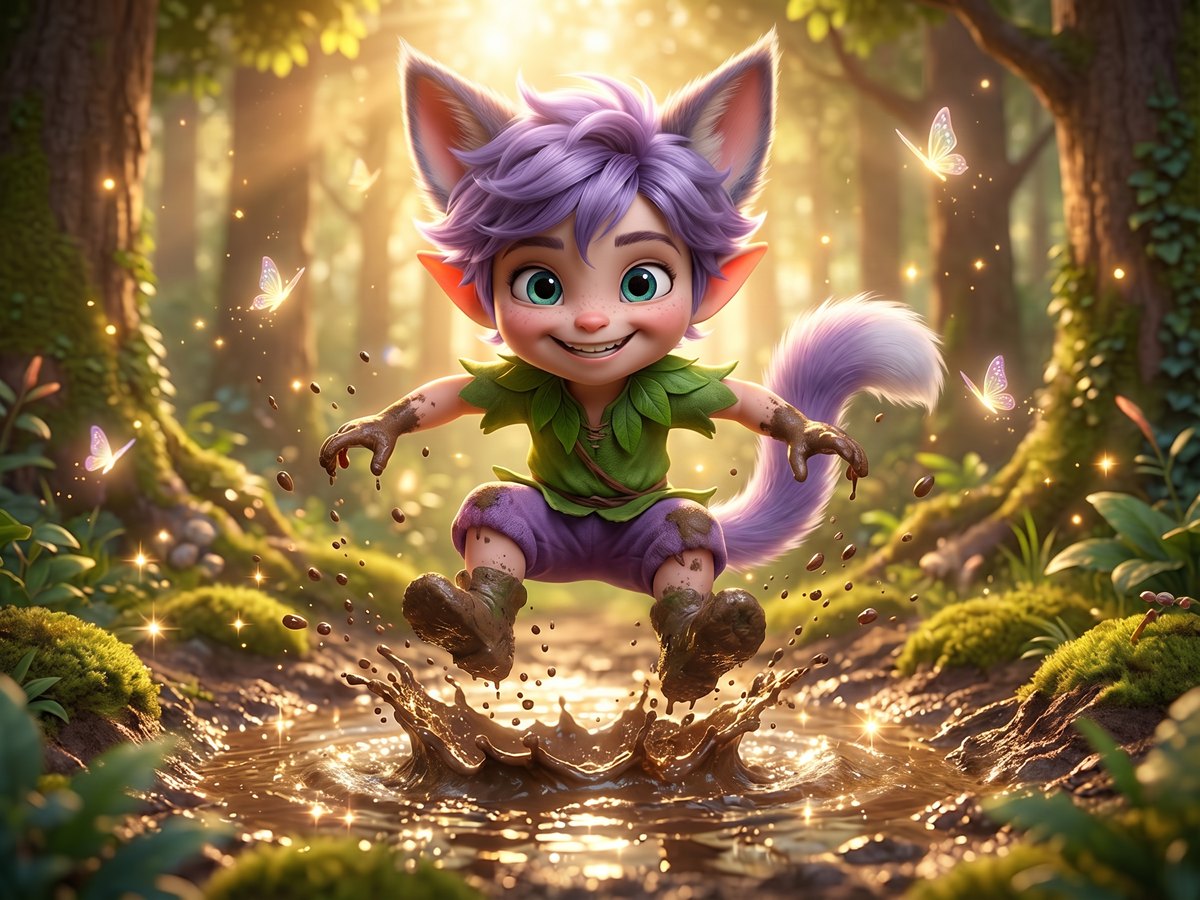 Ori the adventurous Elfcat leaping into a mud puddle, teal eyes wide