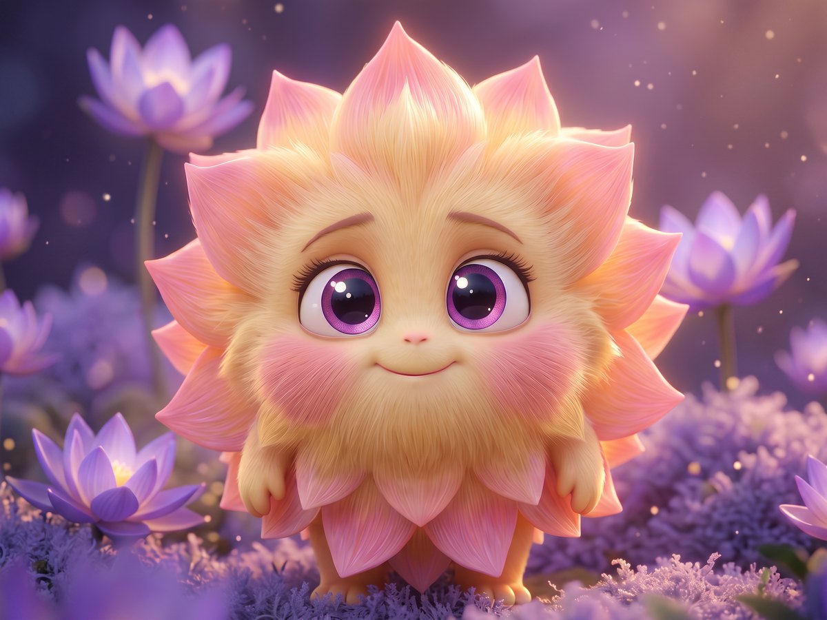 Petal, a small round creature with pink and yellow petal fur and big violet eyes