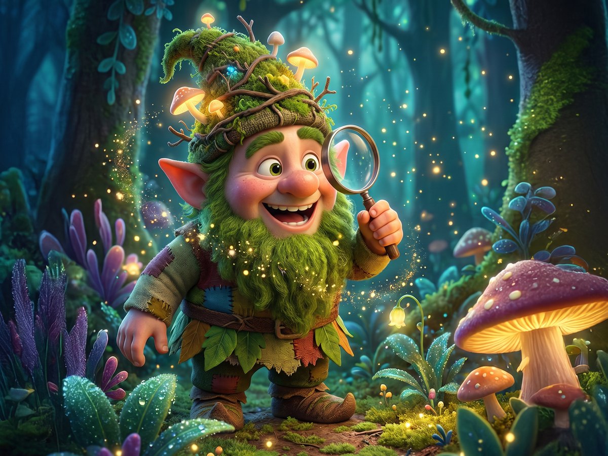 Twillan Mosswhistle grinning in the mossy forest, holding up his magnifying glass