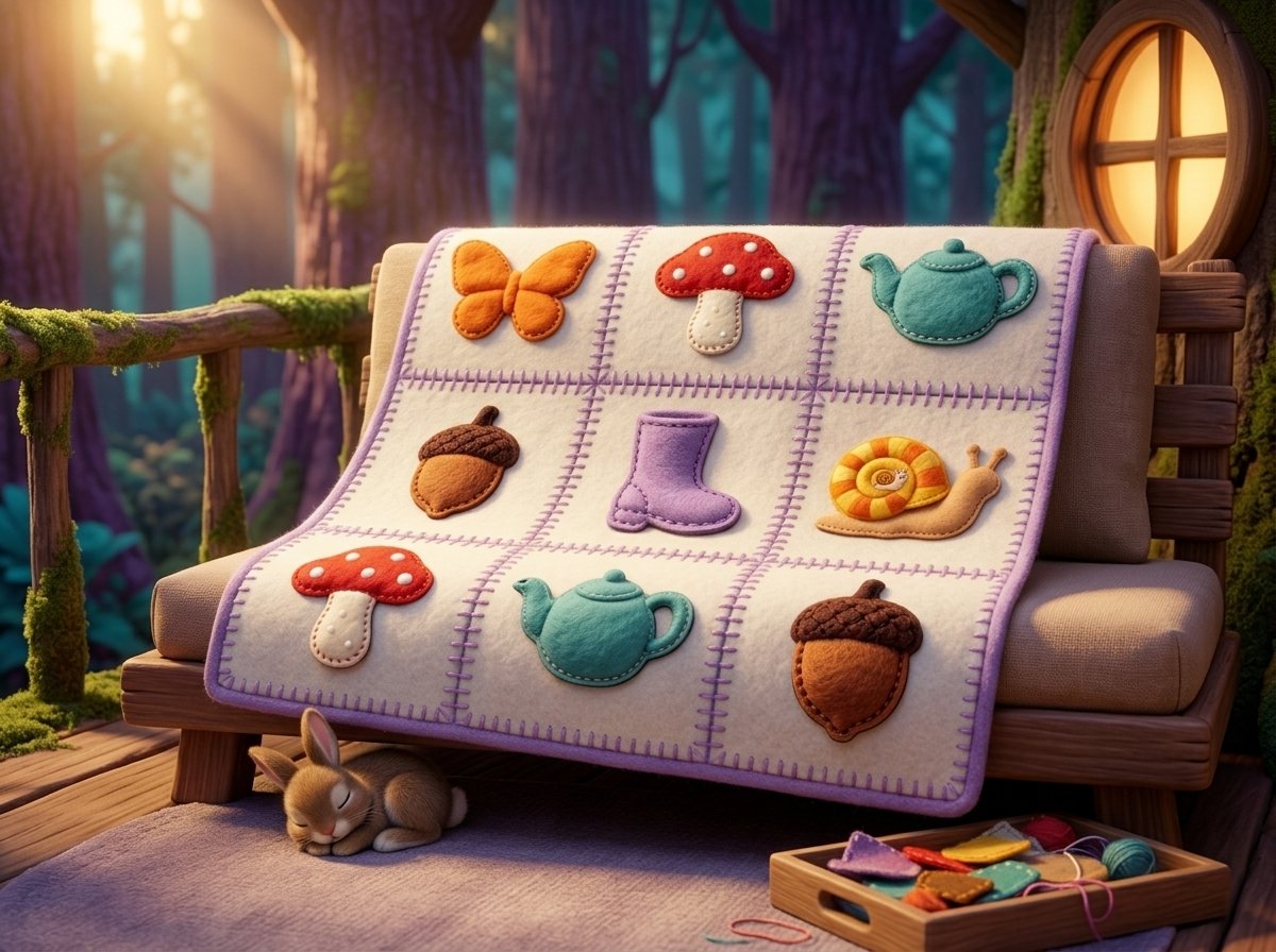 A patchwork quilt draped over a low wooden daybed on a treehouse porch in warm afternoon light, its cream felt squares stitched with butterfly, mushroom, teapot, acorn, boot and snail patches. A tiny brown rabbit sleeps curled up on the rug under the daybed, and a wooden tray of loose felt patches and yarn balls sits on the porch boards nearby.