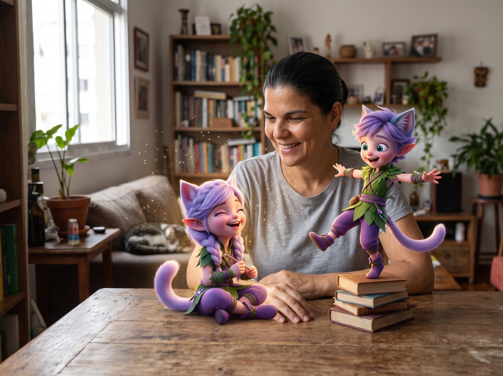 A composite image that joins a real photo and an illustration in one frame: Deniz Arsan photographed on one side, and the Pixar-style rendered Kittelfdora characters Miri and Ori on the other.