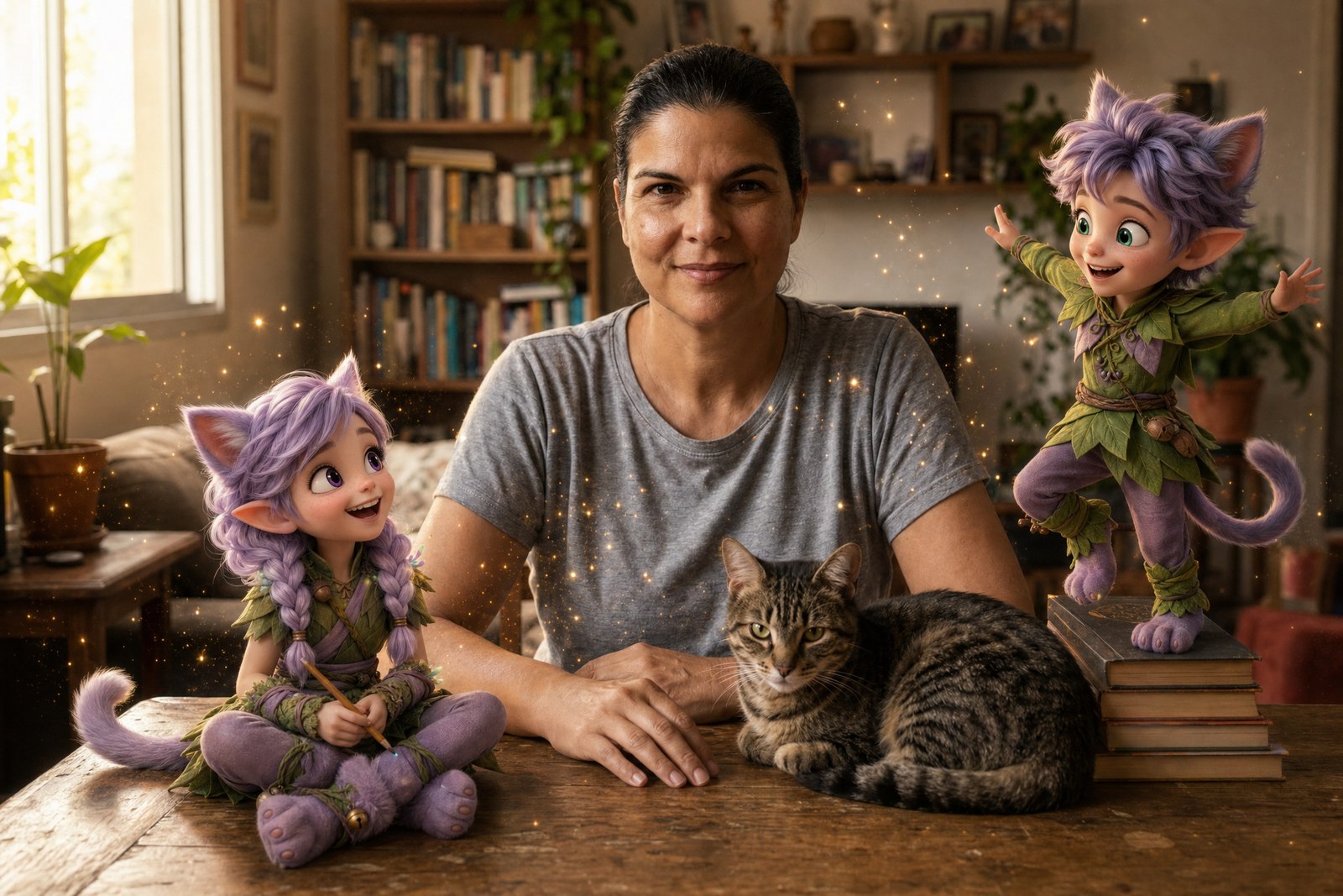 Deniz Arsan at a wooden table at home, smiling down at small figures of Miri and Ori; Ori balances on a stack of books with his arms spread wide, while a real tabby cat sleeps on the couch behind them, in a warm living room lined with bookshelves.