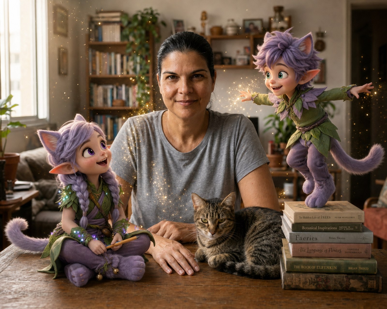 Deniz Arsan at a wooden table at home, smiling down at Miri, who sits on the table, while Ori balances on a stack of books, with stardust in the air between them.
