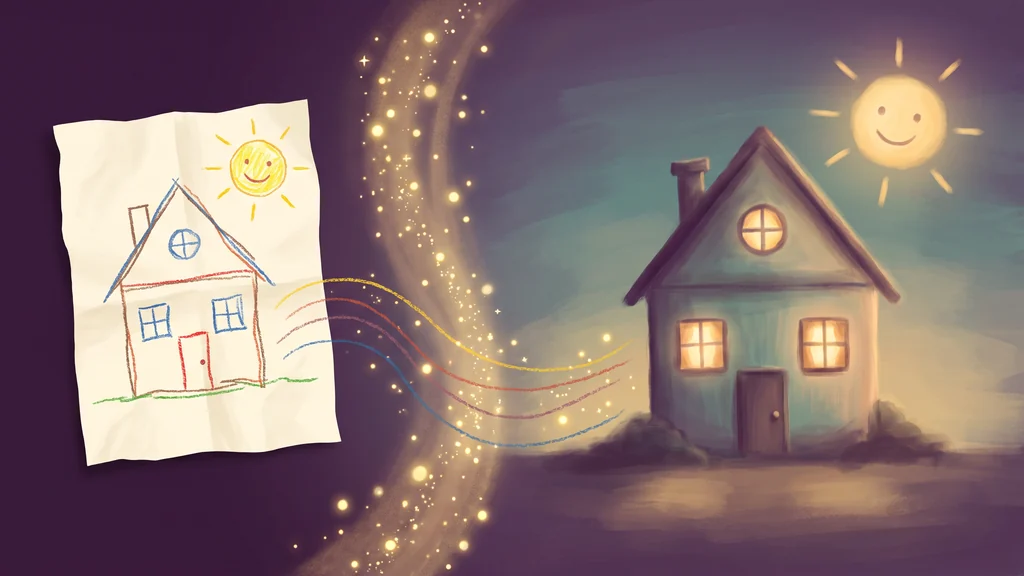 A child's crayon drawing of a house and a smiling sun on a sheet of paper, and beside it the same house and sun painted and glowing, with a band of gold stardust between them