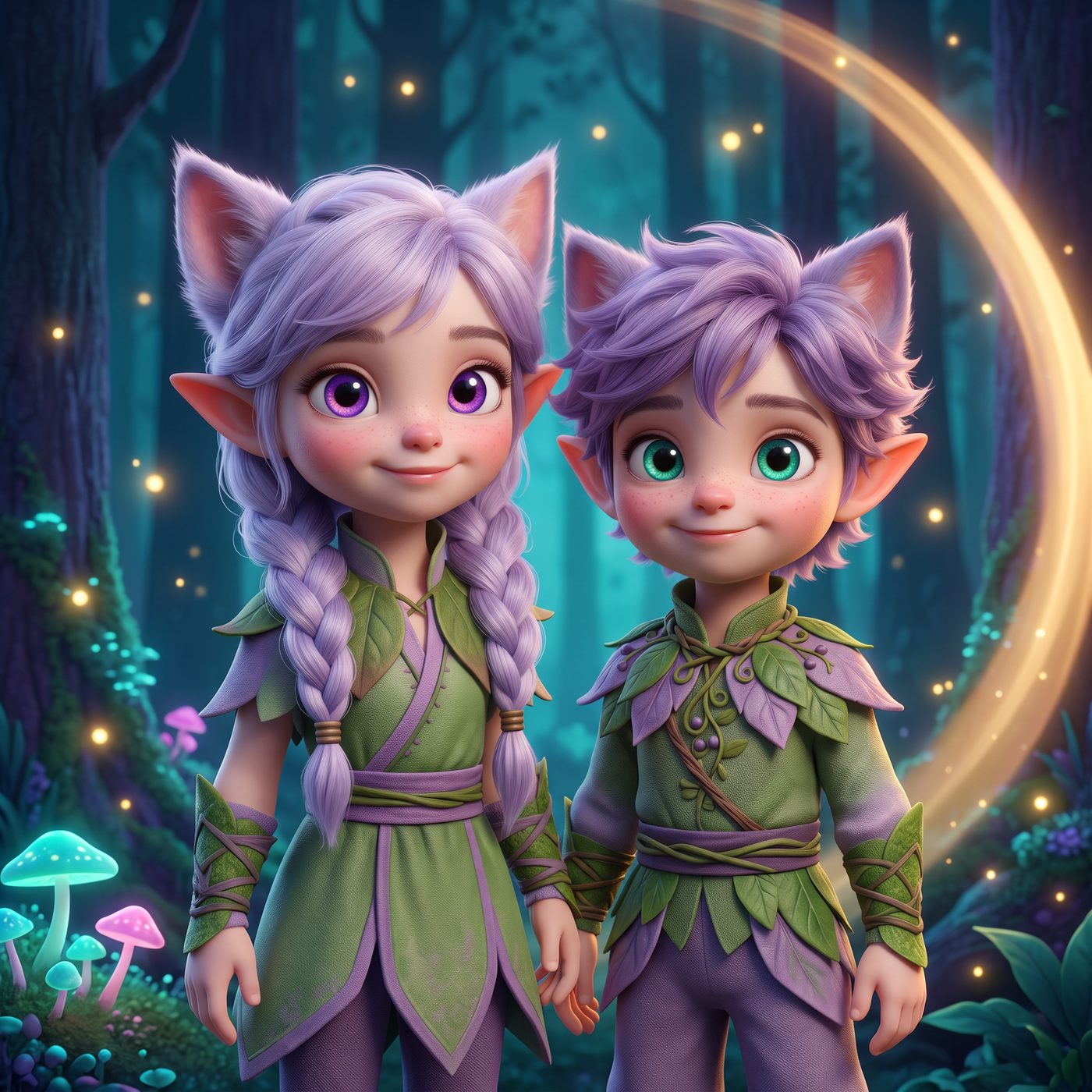 Miri and Ori the Elfcats in a night forest, fireflies and glowing mushrooms around them, a wide arc of golden light down one side