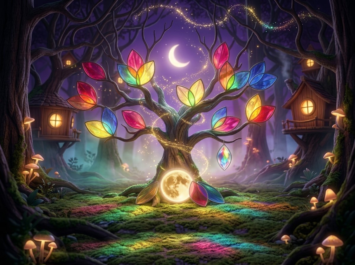 Miri's tree in the night forest, its glass petals glowing in red, yellow, blue, green and pink, with the moon-disc shining at the foot of the tree.
