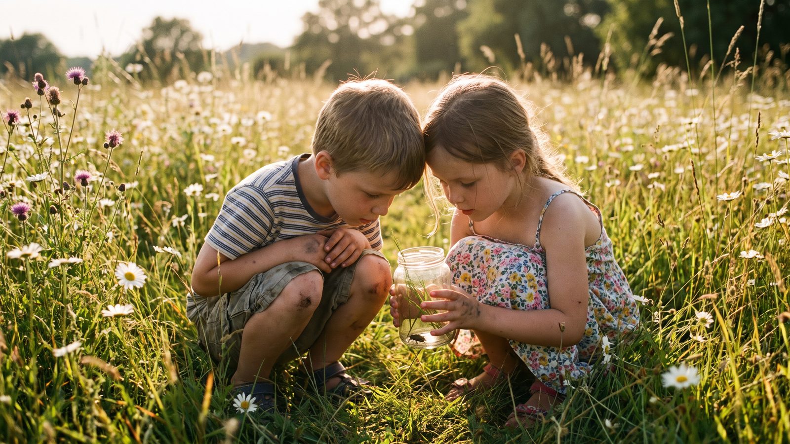 Two children exploring a sunlit meadow, crouched over a patch of wildflowers, showing the benefits of outdoor play for children