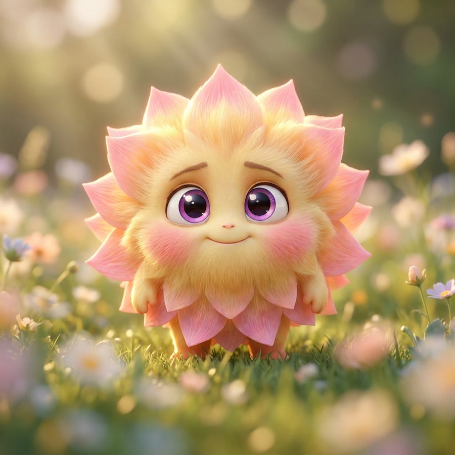 Petal, a small round creature with pink and yellow petal-shaped fur and big purple eyes, standing among glowing flowers in the Slow Garden